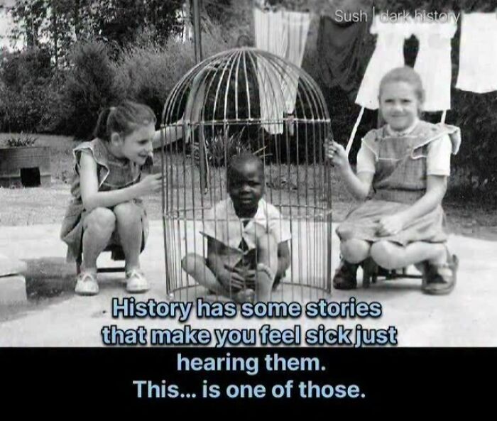 Black child in a cage surrounded by white girls historical dark history