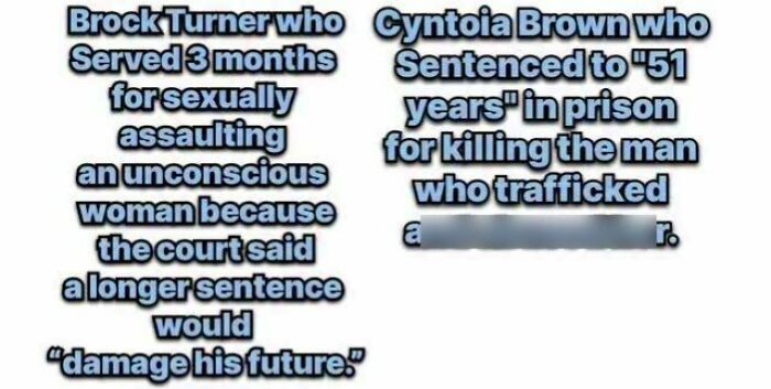 Comparison of Brock Turner and Cyntoia Brown highlighting gender war and women injustice cases