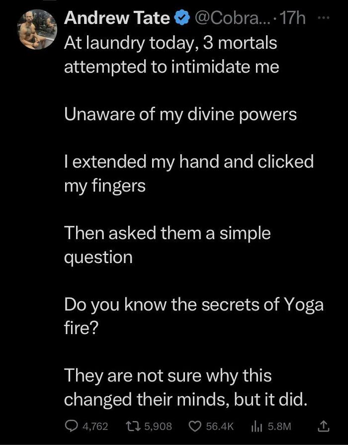 Tweet about someone using divine powers and yoga fire to intimidate others