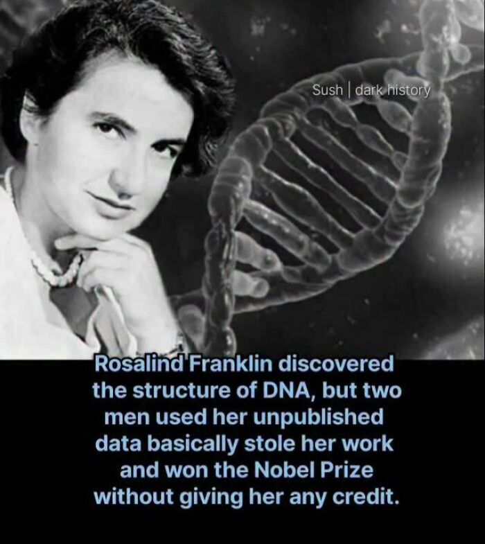 Portrait of Rosalind Franklin with DNA strand, revealing her uncredited scientific discovery