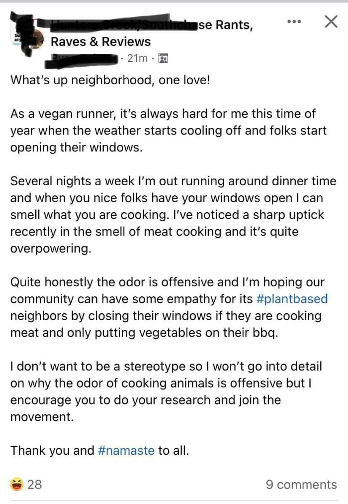 Vegan runner complaining about meat cooking smells from neighbors' windows