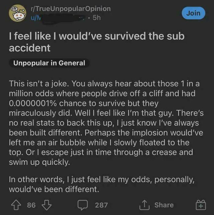 Reddit post about feeling different odds of surviving a sub accident