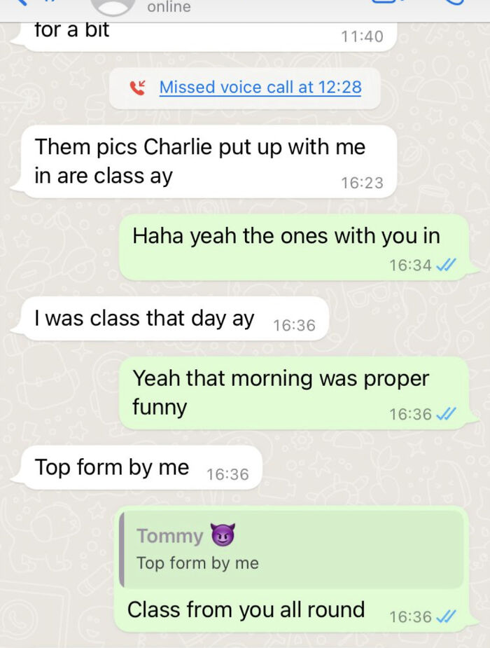 WhatsApp conversation referencing funny class moments