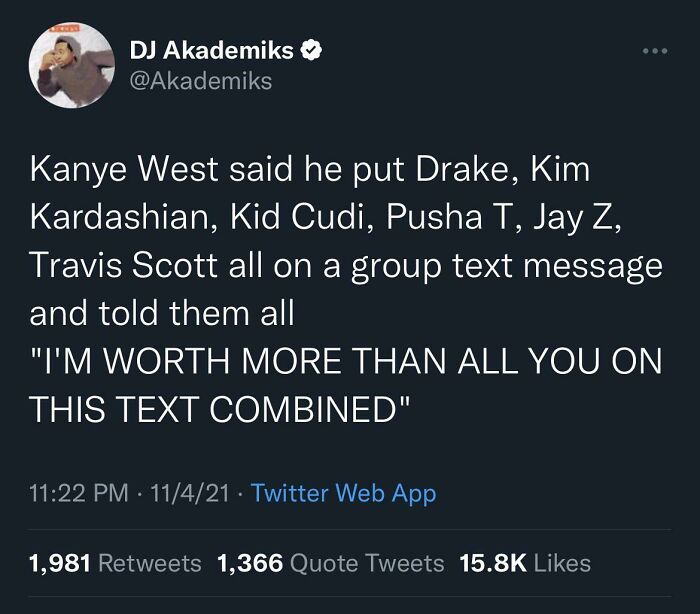 Tweet about Kanye West's group text message with famous rappers