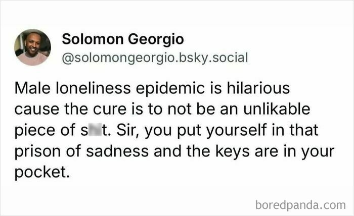 Social media post discussing male loneliness epidemic and personal responsibility