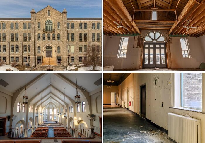 Old large abandoned mansion building and interior with wooden beams