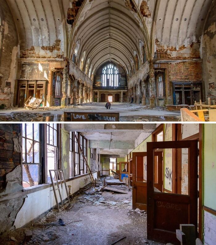 Interior of $14 million abandoned mansion with large Gothic arches in decay