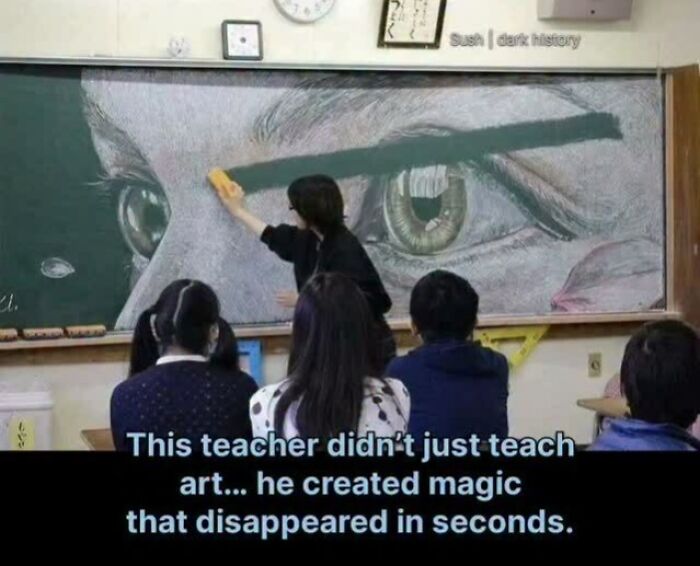 Teacher creating disappearing chalk art magic in classroom in horrifying historical facts