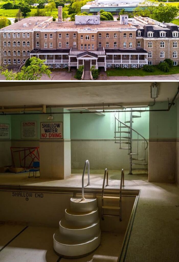 Large abandoned mansion building with empty pool and spiral staircase