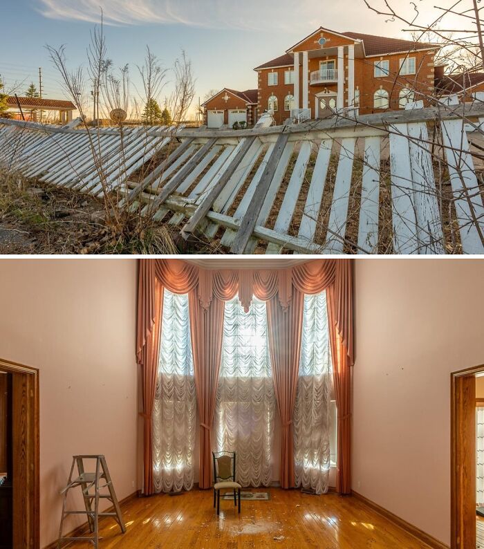 Dark abandoned mansion room with damaged ceiling and open doors