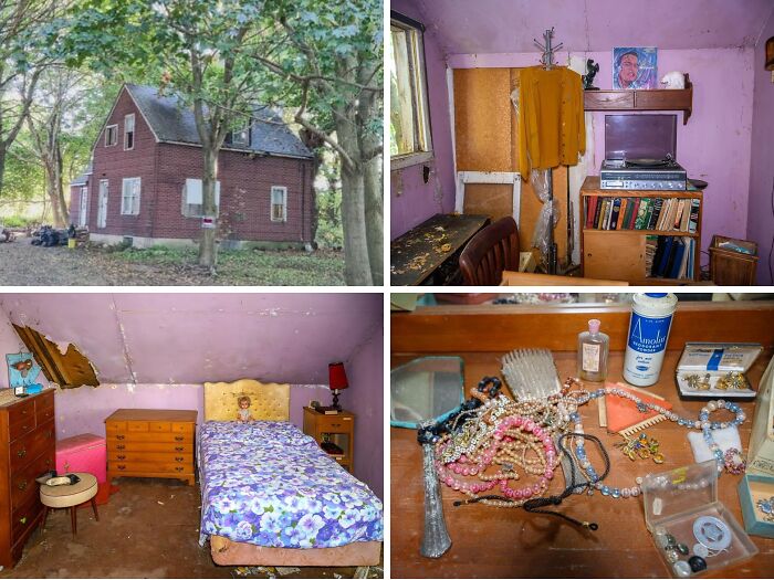 Interior and exterior views of abandoned house with vintage furniture and jewelry