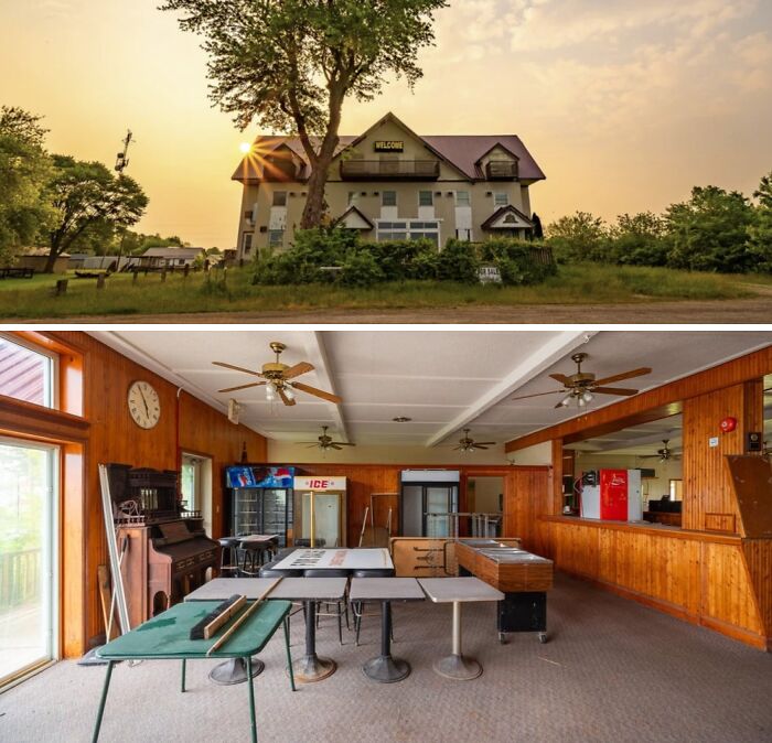 $14-million abandoned mansion exterior at sunset and empty game room with tables and ceiling fans