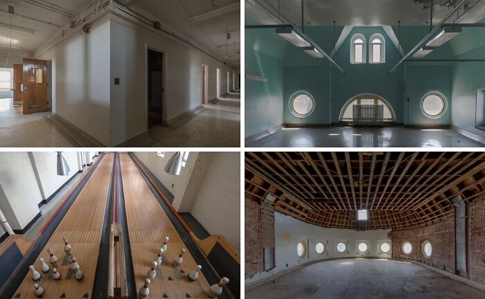 Abandoned $14-million mansion interior with long hallways, vintage bowling alley, and circular windows