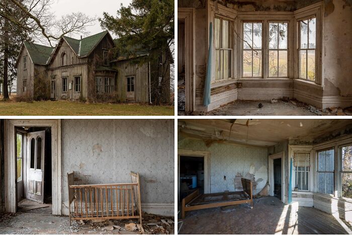 Exterior and interior views of an abandoned $14-million mansion with decayed wood and empty rooms