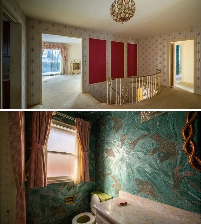 Faded wallpaper and vintage bathroom in abandoned mansion interior