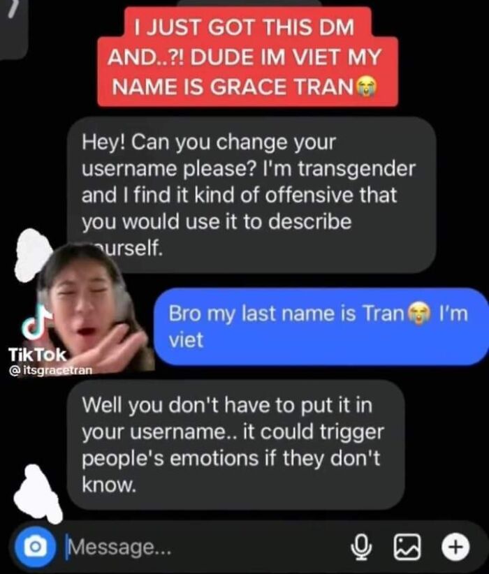 Screenshot of a TikTok conversation about username change involving a transgender and last name Tran