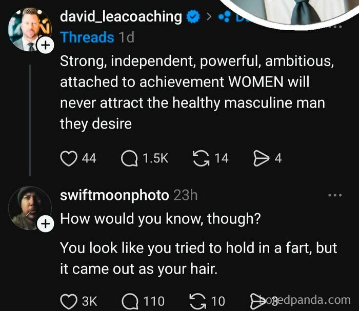 Social media post about women and healthy masculine men with a response comment