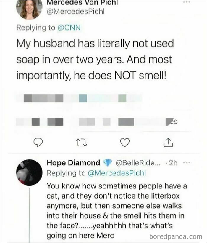 Twitter exchange joking about a man not using soap and not smelling bad