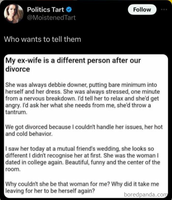 Twitter post about ex-wife's change after divorce with market value context
