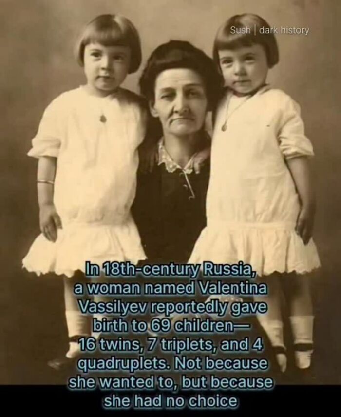 Vintage photo of a woman with twins, describing 18th-century Russian woman who gave birth to 69 children