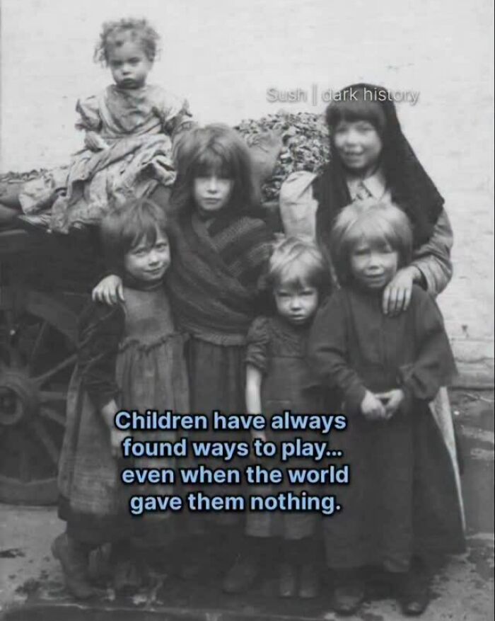 Group of children playing despite harsh conditions in creepy historical facts