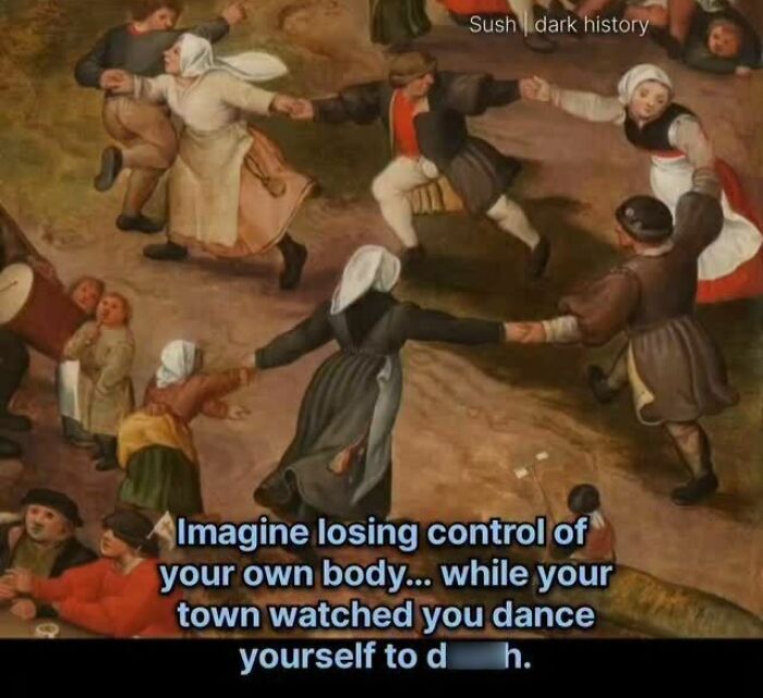 Historical painting showing dancers in traditional clothes illustrating horrifying historical facts about dancing to d***h
