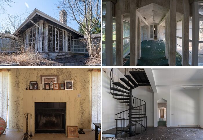 Abandoned mansion exterior with overgrown bushes and glass windows in urbex exploration