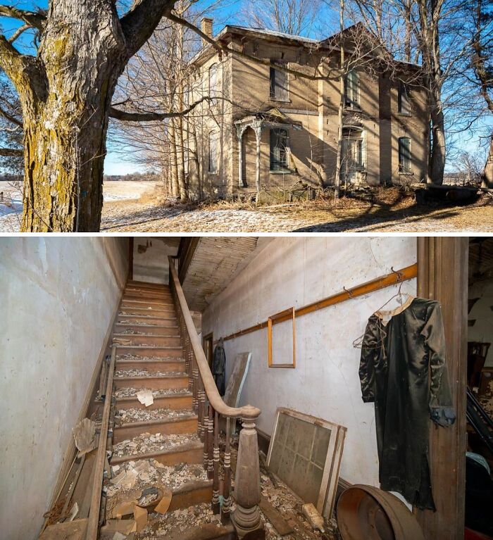 Hallway with broken windows and debris in $14 million abandoned mansion