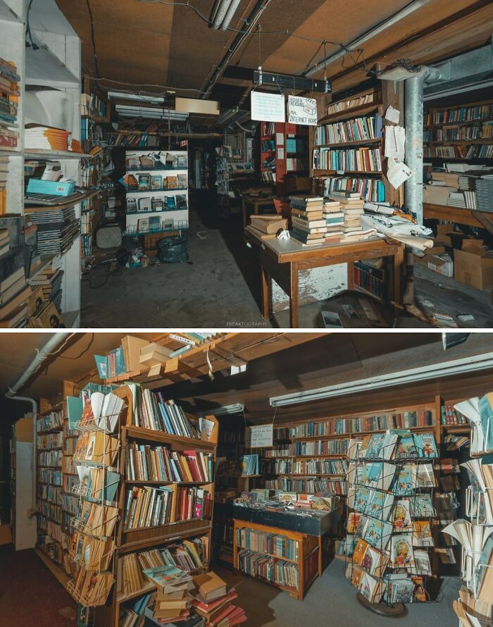 Cluttered abandoned bookstore interior with shelves full of old books