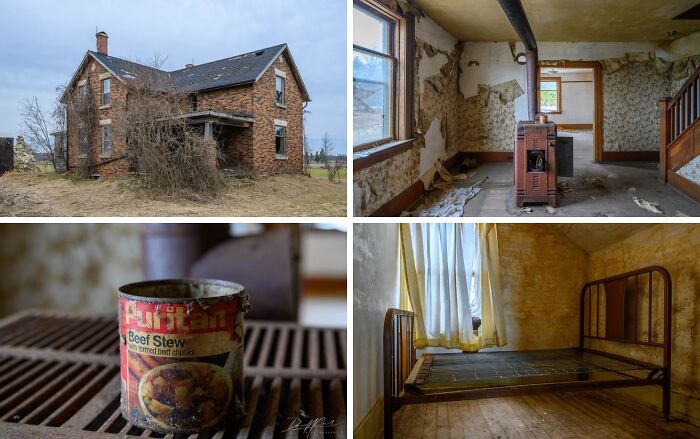 Old rural $14-million mansion showing weathered walls, vintage stove, and rusty canned food can