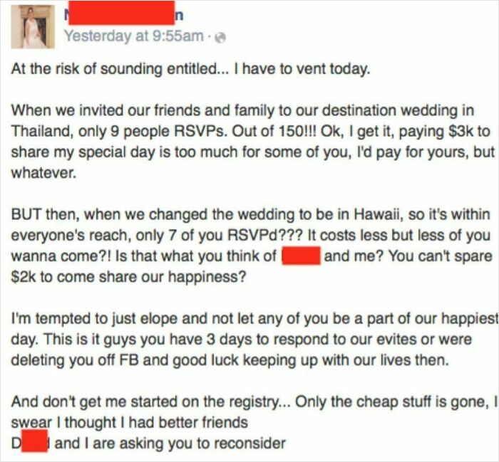 Person venting about low RSVP rates for destination wedding in Hawaii