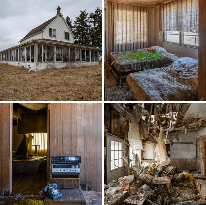 Interior of abandoned mansion with broken furniture and large window view
