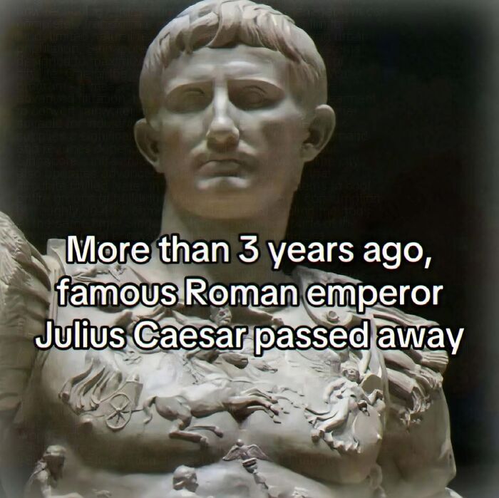 Roman emperor statue with text about Julius Caesar passing random images weird