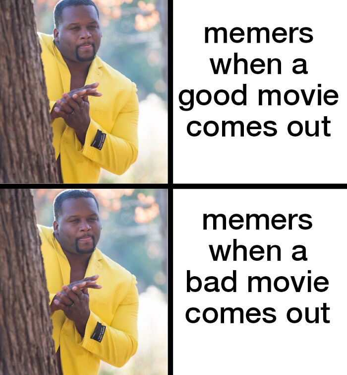 Hilarious cinephile tweets featuring a meme of a man peering from behind a tree for good and bad movie releases.