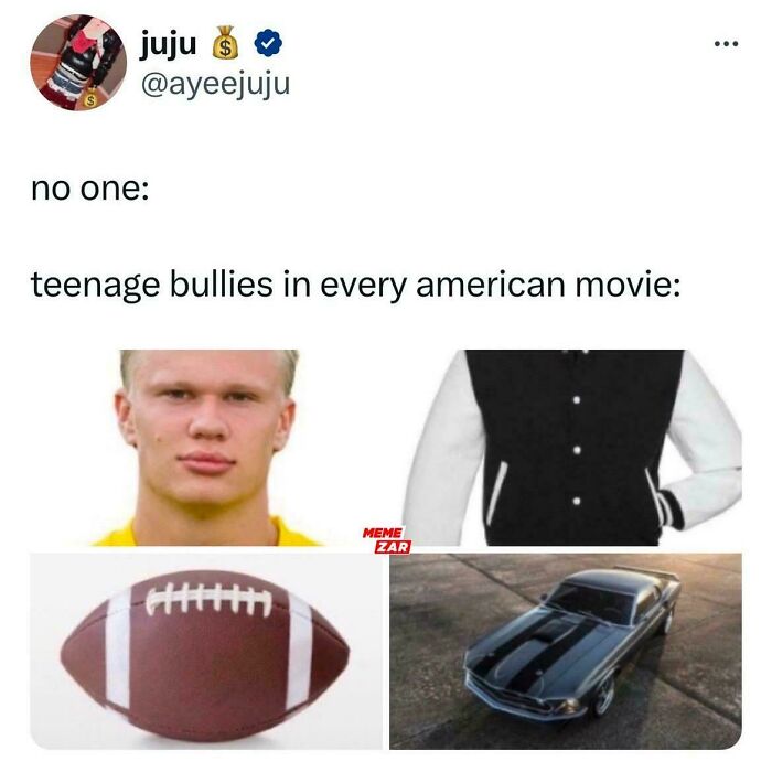 Hilarious cinephile tweets about American movie stereotypes, featuring a football player, letterman jacket, football, and car.