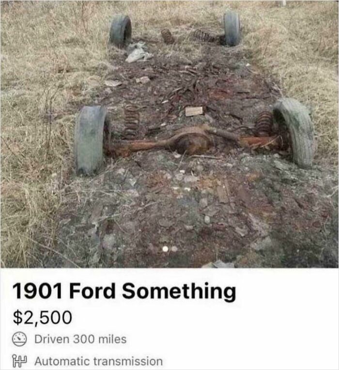 Rusty car frame labeled 1901 Ford for sale in random images