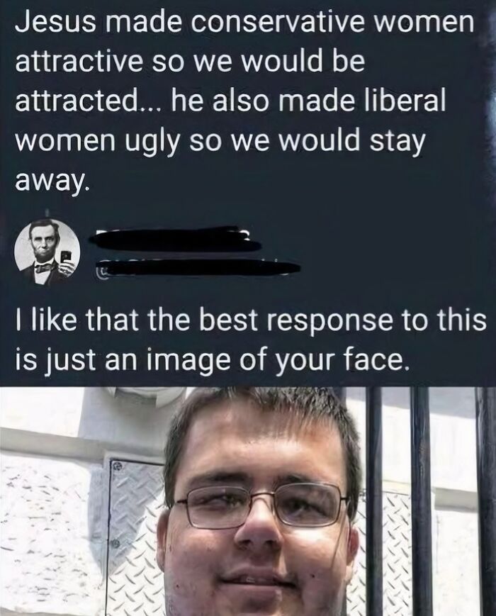 Man responds with face selfie to comment on conservative and liberal women attractiveness