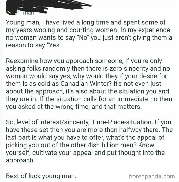 Text post advising about sincere approach in dating and market value