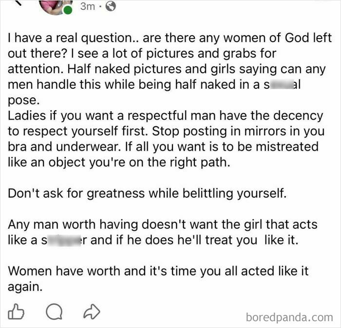 Social media post questioning women's self-respect and market value