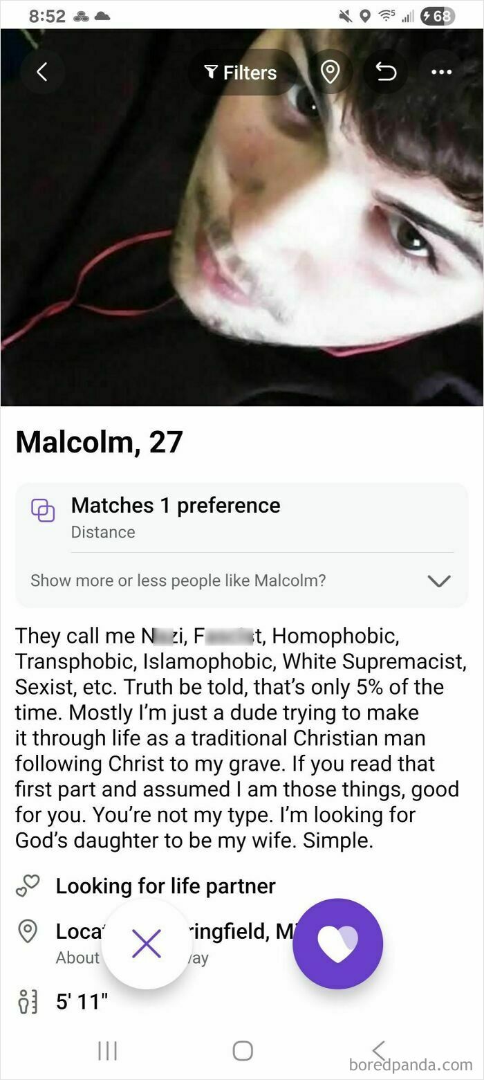 Dating profile of a man named Malcolm explaining his controversial views and partner preference