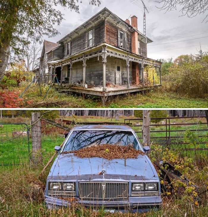 Weathered two-story abandoned mansion with extensive decay and old porch