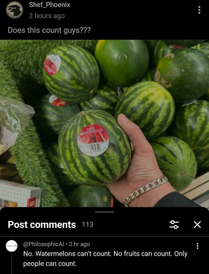 Person holding mini watermelon with comments on counting fruits versus people