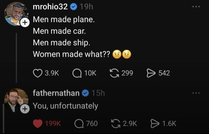 Social media post joking about men making vehicles and witty comeback