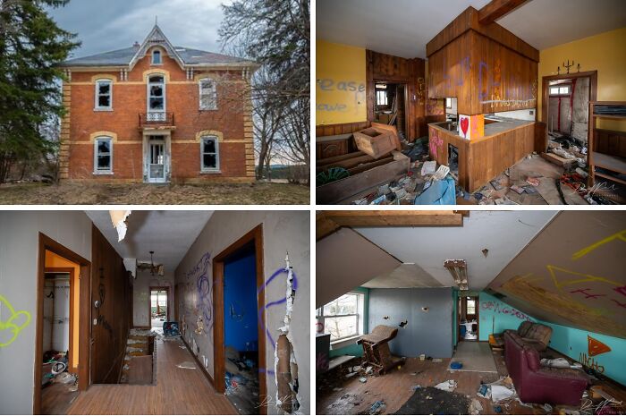 Front yard and interior shots of $14 million abandoned mansion with boarded windows