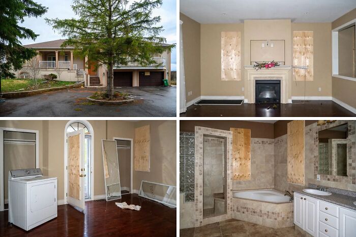 Exterior and stairway inside $14 million abandoned mansion showing decay and old dress