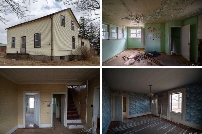 Abandoned mansion exterior and empty rooms showing decay and neglect
