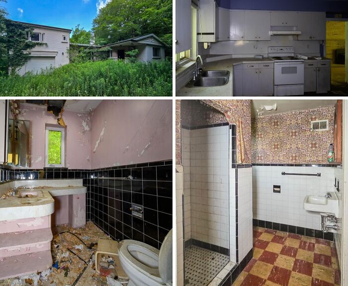 Overgrown abandoned mansion exterior and dilapidated kitchen and bathroom