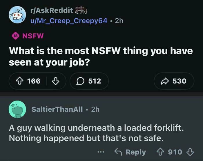 Reddit post about most NSFW thing seen at job involving forklift safety