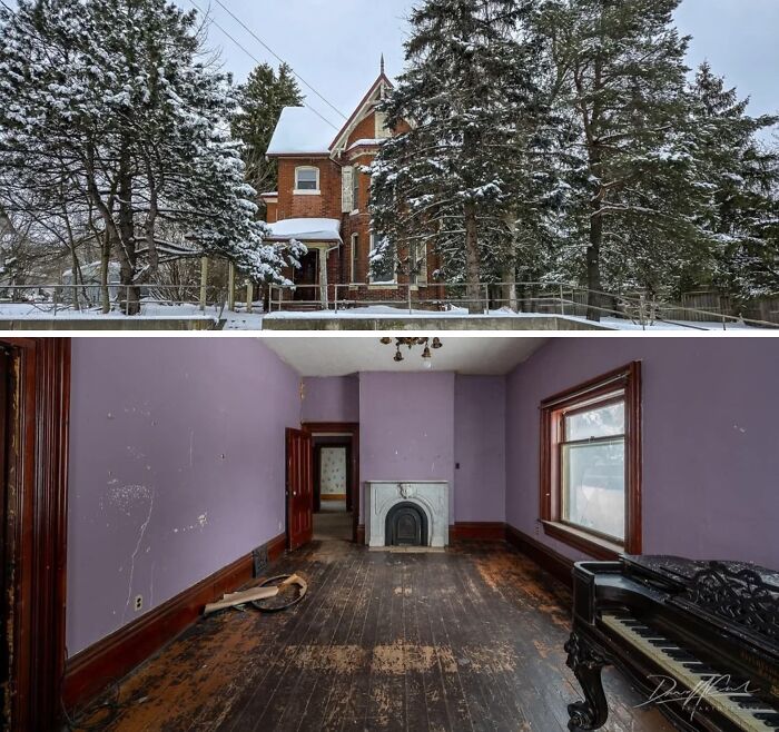 Snow-covered $14-million abandoned mansion surrounded by trees in winter