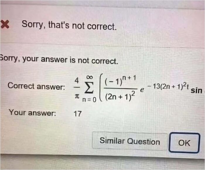 Funny math problem answer showing complex formula and incorrect simple number
